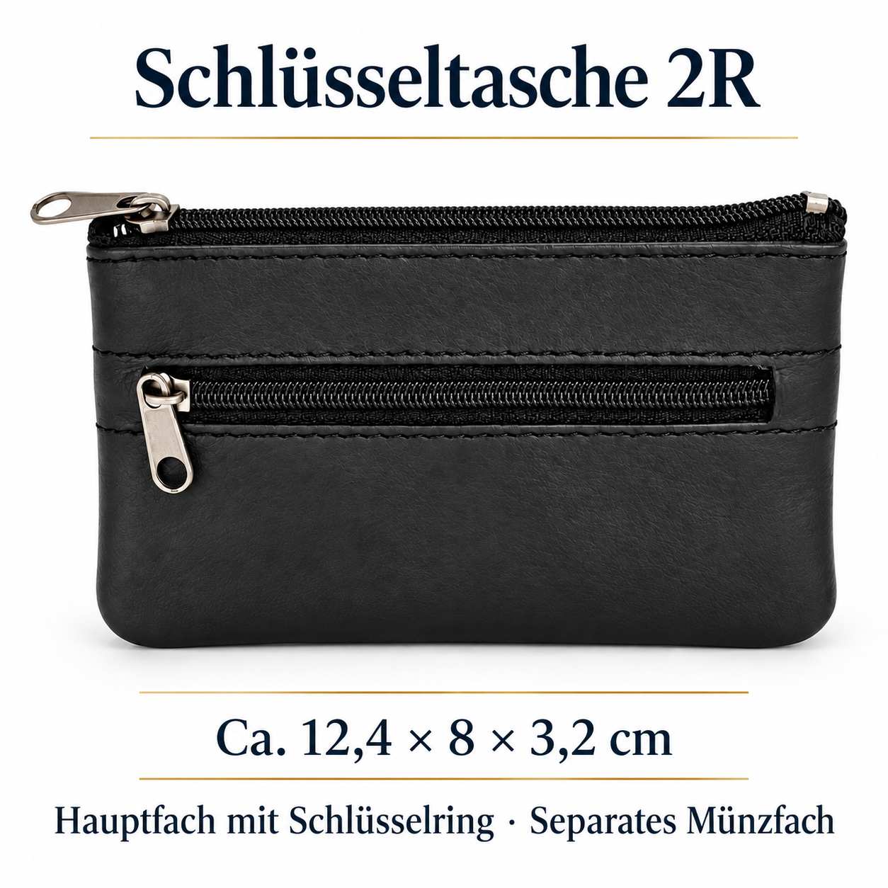 Schlüsseltasche 2R – Maße ca. 12,4 × 8 × 3,2 cm, Hauptfach mit Schlüsselring und Münzfach